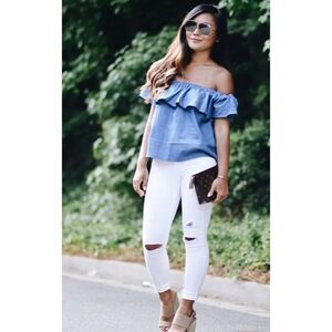 ✨Boat Neck Flounce Denim Crop Top✨